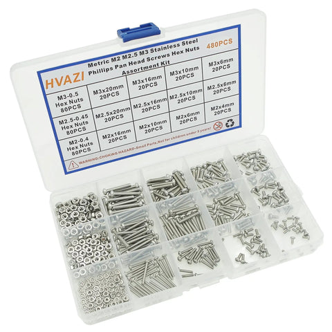 All In One Stainless Steel Phillips Pan Head Machine Screws And Hex Nuts Assortment Kit in Metric M2 M2.5 M3 sizes in box