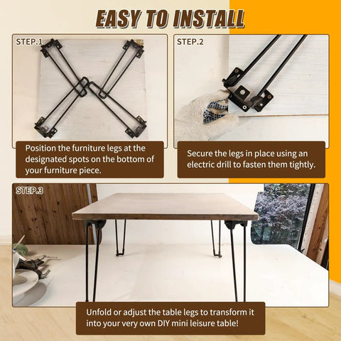 Installation steps for Heavy Duty Foldable Hairpin Table Legs Four Pack Sixteen Point Five Inch Top Tier Solid Steel Furniture Base.