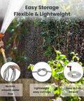 Stainless Steel Garden Hose 50ft 5/8 Inch No Kink Flexible Water Hose With 9 Pattern Spray Nozzle shown in use watering plants