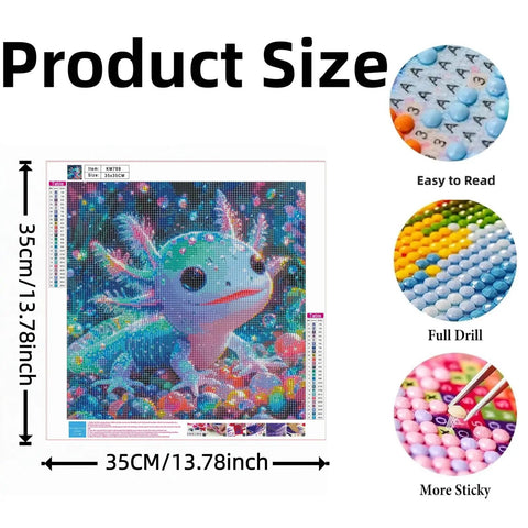 Colorful Axolotl 5D Diamond Art Kit For Adults And Beginners, Full Drill Round Diamond Painting showing 13.78 inch design size