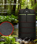 Foldable large rolling duffel bag, black waterproof luggage with wheels and handle, green zipper accents.