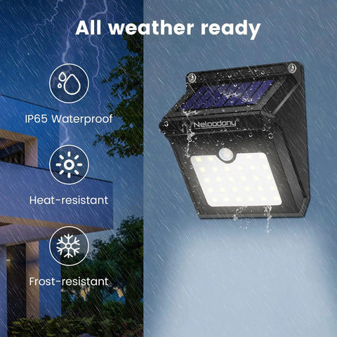 Solar Motion Sensor Security Lights Outdoor Wall Mount Waterproof Wireless 28 LED 4 Pack For Garden Backyard Back Door Steps Fence Deck Yard Driveway No Fuss Install All Weather Illumination