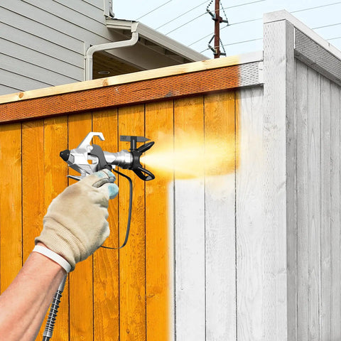 Pro Grade High Pressure Electric Airless Paint Sprayer Sports Thinning Free Design in action painting a wooden fence.