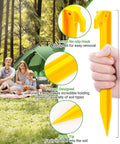 Heavy Duty 9 Inch Plastic Tent Stakes 10 Pack for tents and canopies showing stake design features and family camping.