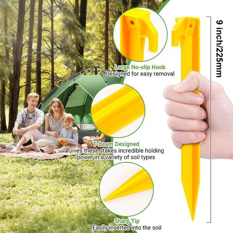 Heavy Duty 9 Inch Plastic Tent Stakes 10 Pack for tents and canopies showing stake design features and family camping.