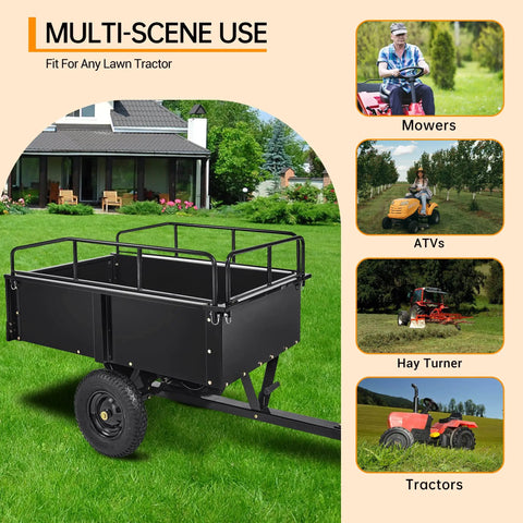 Heavy Duty ATV UTV Dump Trailer Built Tough With 750 Pound Capacity Steel Utility Cart in yard setting