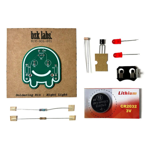 Hands On Soldering Kit For Beginners Build A Light Activated Night Light components and battery visible on white background