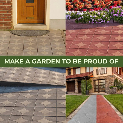 Plastic Molds Concrete Set For Patio Paving 4 Pcs Big Pathmaker Reusable Cobblestone Walkway Forms in various garden settings.