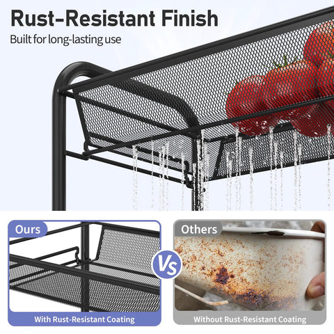 Rust-resistant finish on a Three Tier Metal Rolling Cart With Mesh Wire Shelving And Wheels, showing durable steel frame and mesh design.