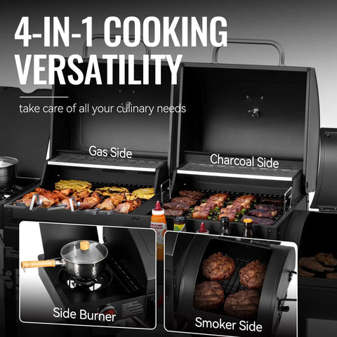 Two Burner Gas And Charcoal Grill Combo With Offset Smoker And Side Burner For Backyard BBQs, 34,000 BTU Dual Fuel Grill