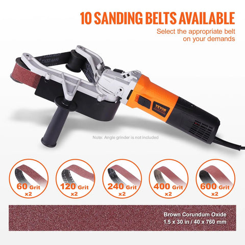 Belt Sander Adapter For Angle Grinder Five Eighths By Eleven Thread Pipe Sanding Attachment with ten belts.