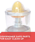 Electric Citrus Juicer With 32 Ounce Pitcher No Fuss Pressure Activated Adjustable Pulp Control highlighted with dishwasher safe parts.
