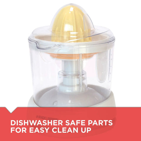 Electric Citrus Juicer With 32 Ounce Pitcher No Fuss Pressure Activated Adjustable Pulp Control highlighted with dishwasher safe parts.