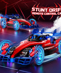 Remote control stunt cars, two red and blue 1:12 monster RC trucks with LED-lit wheels; racing scene
