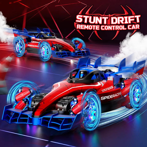 Remote control stunt cars, two red and blue 1:12 monster RC trucks with LED-lit wheels; racing scene