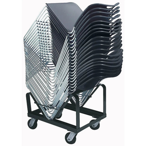 National Public Seating 8500 Series Commercial Chair Dolly Cart For Storing Up To Forty Stackable Dining Chairs In Heavy Duty Black Steel With Angle Design, stacked chairs on dolly.