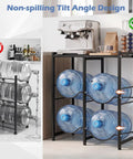 5 Gallon Water Jug Holder 2-Tier Stand with Tabletop Shelf in kitchen showcasing non-spilling tilt angle design with jugs