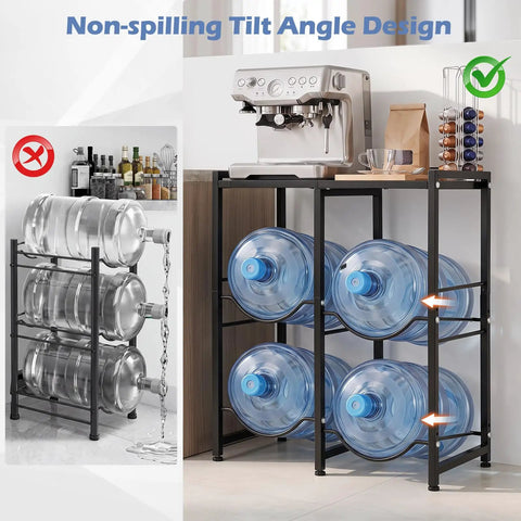 5 Gallon Water Jug Holder 2-Tier Stand with Tabletop Shelf in kitchen showcasing non-spilling tilt angle design with jugs