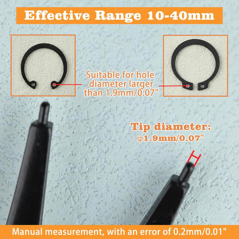 2 In 1 Snap Ring Pliers For Internal And External Circlips showing tip diameter and effective range for automotive repairs.