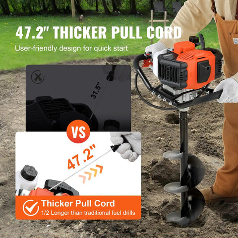 Gas Powered Post Hole Digger With 43cc Engine And 8 Inch Auger Bit, showing 47.2 inch thicker pull cord for quick start