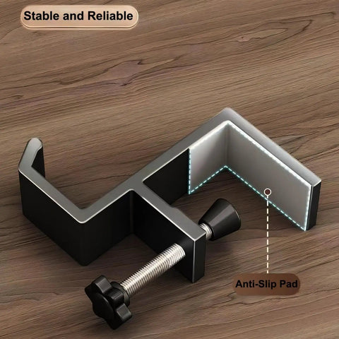 Aluminum Alloy Headphone Stand For Desk Mount, Under Desk Headset Holder with Anti-Slip Pad, showcasing secure screw clamp.