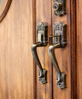 Front view of a pair of brass patina door handles with ornate backplates on a wooden door.