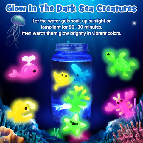 Glow In The Dark Water Fairy Toy Kit For Kids With Aqua Gel And 16 Molds, glowing sea creatures around a jar, DIY Squishies Maker Set.