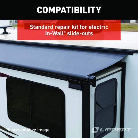 In Wall RV Slide Out Triple Rack Repair Kit with visible awning and slide out compatibility illustration.