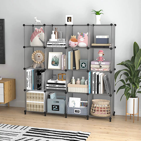 16 Cube Gray Storage Organizer Kit For Bedroom Office Living Room Modular DIY Shelf System Portable Plastic Cube Shelves
