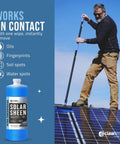 Man cleaning solar panels with brush, next to Solar Panel Cleaner Super Concentrated Formula, 32 Oz bottle.