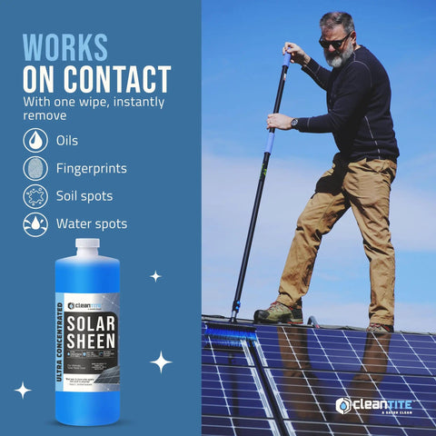 Man cleaning solar panels with brush, next to Solar Panel Cleaner Super Concentrated Formula, 32 Oz bottle.