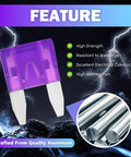 Hella Durable 120 Piece Blade Fuse Assortment Kit With Built In Tester And Heavy Duty Puller For Fast Auto Electrical Fixes, showing a purple blade fuse