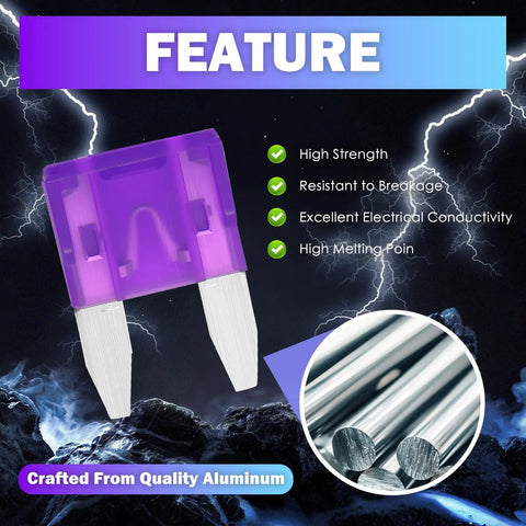Hella Durable 120 Piece Blade Fuse Assortment Kit With Built In Tester And Heavy Duty Puller For Fast Auto Electrical Fixes, showing a purple blade fuse