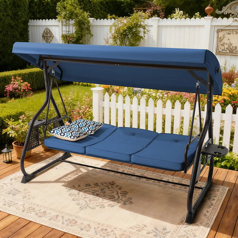 Three Seat Outdoor Porch Swing With Adjustable Canopy And Backrest A 3 In 1 Convertible Swing Bed With Cushions And Cup Holders For Yard Deck And Garden Blue on patio