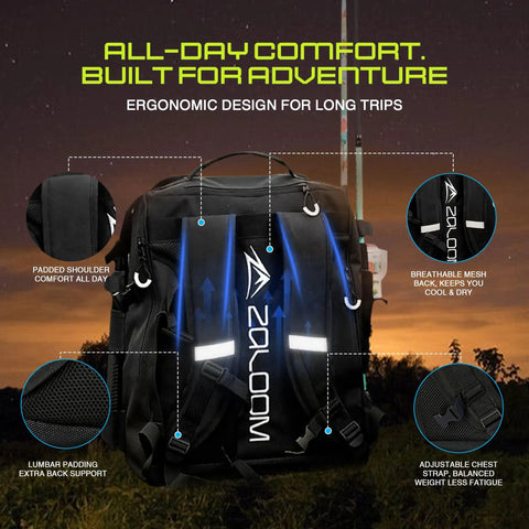 All-day comfort features on waterproof fishing backpack with tackle boxes rod holder and foldable net 40L tackle bag