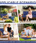 Collage of 60-inch navy blue porch swing cushions used on swings, benches, and as a floor mat.