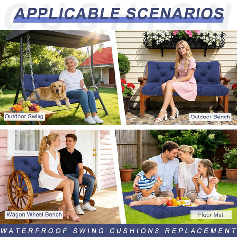Collage of 60-inch navy blue porch swing cushions used on swings, benches, and as a floor mat.