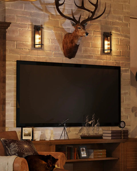 Industrial Wall Sconces Set Of Two With Walnut Wood And Black Metal Vintage Rustic Lantern Style Wall Lighting Fixtures E26 Base 2700K Bulbs Perfect For Cozy Vibes In Bedroom Living Room Dining Room Foyers And Hallways above fireplace with decor and deer head