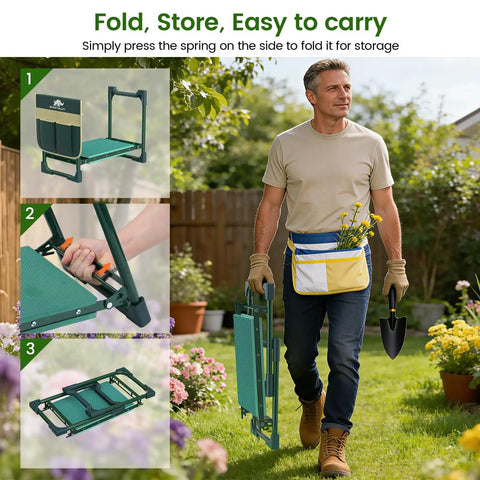 2 In 1 Garden Kneeler And Seat With Tool Side And Tote Bags Heavy Duty Foldable Gardening Stool in use and folded