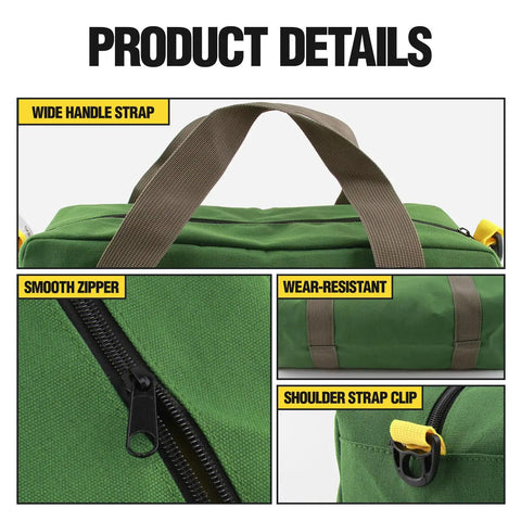 Canvas Tool Bag For Handyman Pros 12 Inch Small Tote with wide handle, smooth zipper, and shoulder strap clip details.