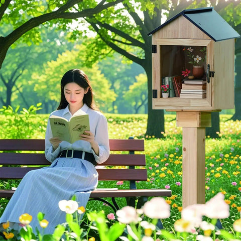 Outdoor Wooden Little Library Box For DIY Book Exchange In Neighborhoods And Schools in park with woman reading nearby
