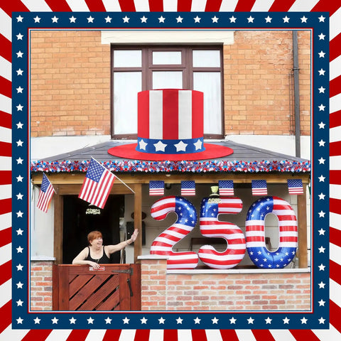 Patriotic Fourth Of July Giant Hat Golf Cart Decoration Set With Red White Blue Star Tinsel and Rope displayed on a porch with flags