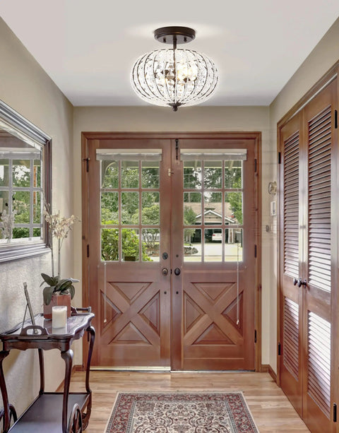 Entryway with Oil Rubbed Bronze 11.7 Inch 2-Light Iron And Acrylic Crystal Semi-Flush Globe Ceiling Light For Bedroom And Hallway