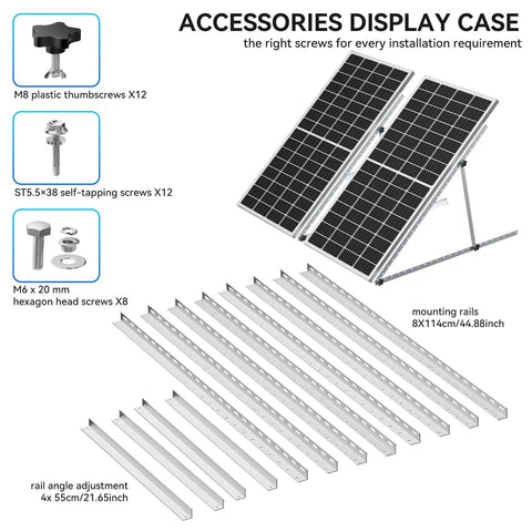 Upgrade Your Rig With These Badass Double Set Of 45 Inch Adjustable Solar Panel Tilt Mount Brackets Featuring Smooth Anodized Finish, screws and mounting rails.