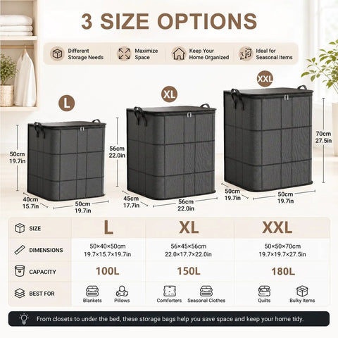 Kick Clutter To The Curb Two Pack Of XXL Foldable Moving Bins With Heavy Duty Reinforced Handles For Straight Up Durability Large Capacity Clothes And Blanket Storage in three size options.