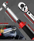 Pro Grade 26 Piece Bike Torque Wrench Set With One Quarter Inch Drive For Mountain Bikes, 20 To 200 InLb Range, 2.3 To 22.2 Nm, 72 Tooth Dual Direction Adjustable, Includes Bits Sockets Extension Bar And Universal Joint. 1/4in drive wrench with reversible ratchet head and quick-release design