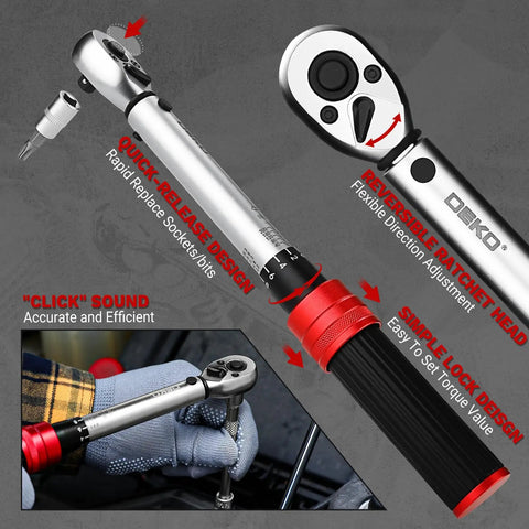 Pro Grade 26 Piece Bike Torque Wrench Set With One Quarter Inch Drive For Mountain Bikes, 20 To 200 InLb Range, 2.3 To 22.2 Nm, 72 Tooth Dual Direction Adjustable, Includes Bits Sockets Extension Bar And Universal Joint. 1/4in drive wrench with reversible ratchet head and quick-release design
