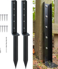 One Piece Fence Post Repair Kit Two Pack Heavy Duty Post Anchors 32 Inch Metal Ground Stakes shown with screws and bit beside wooden fence post
