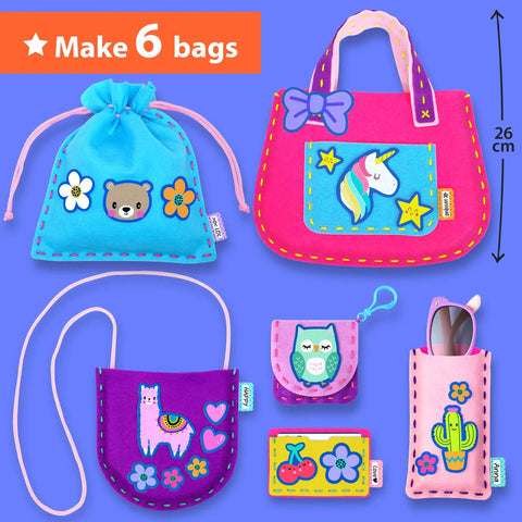 Starter Sewing Bag Kit For Kids Fun DIY Mini Bag Projects Animal Theme Crafts Learn To Sew And Felt Embroidery Easy Step By Step Instructions Great Arts And Crafts Gift For Boys And Girls featuring colorful felt bags with animal designs