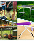 Heavy Duty Steel Table Risers Four Pack With Dual Height Adjustable Leg Extenders For Ergonomic Desk Setup shown in a picnic setting.